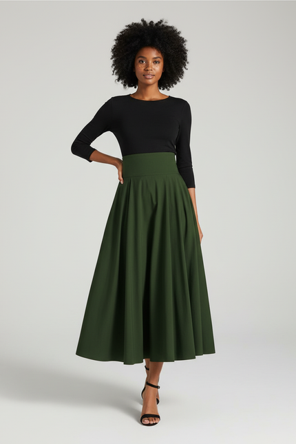 Jupe Longue Vert Kaki Évasée Élégante