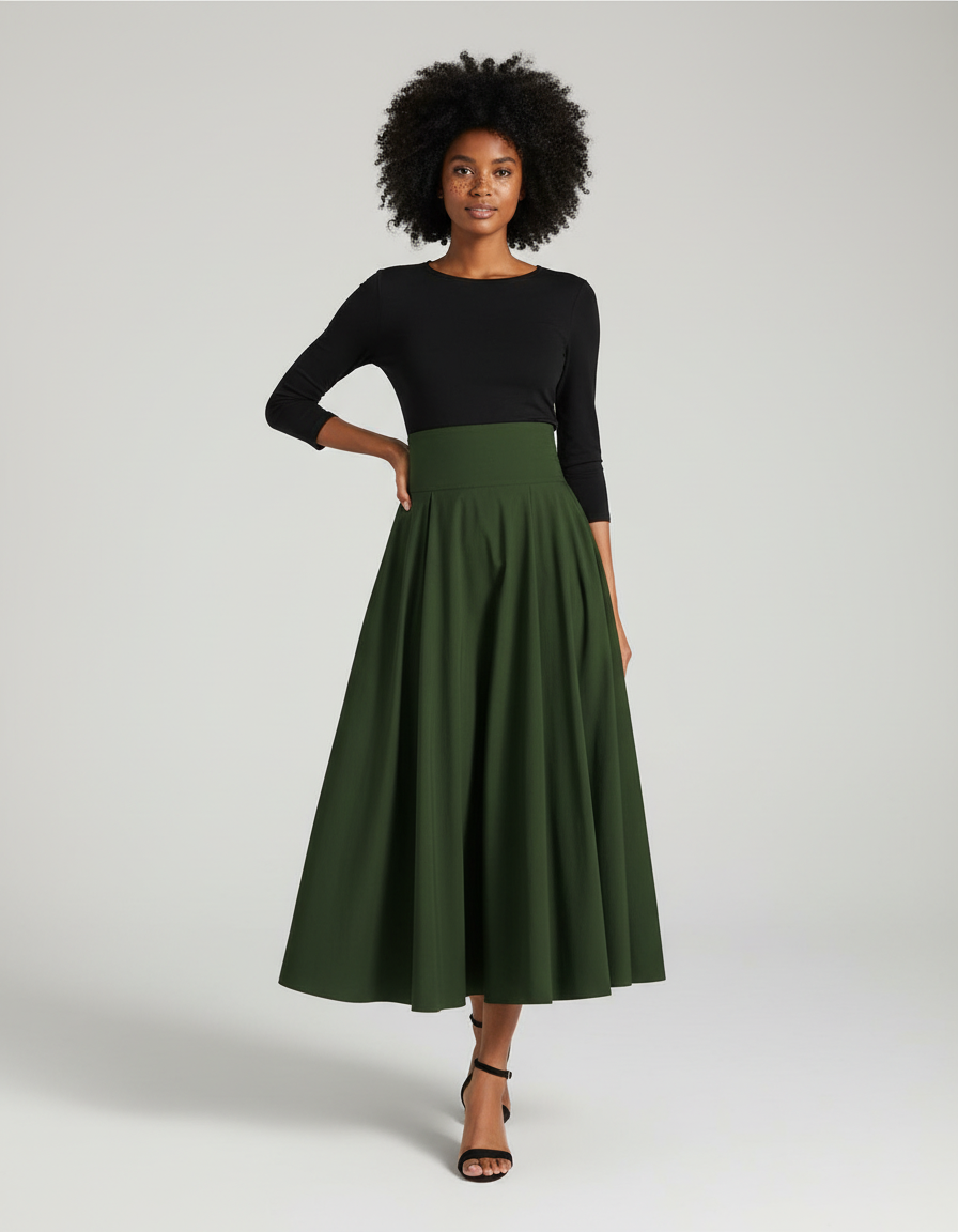 Jupe Longue Vert Kaki Évasée Élégante