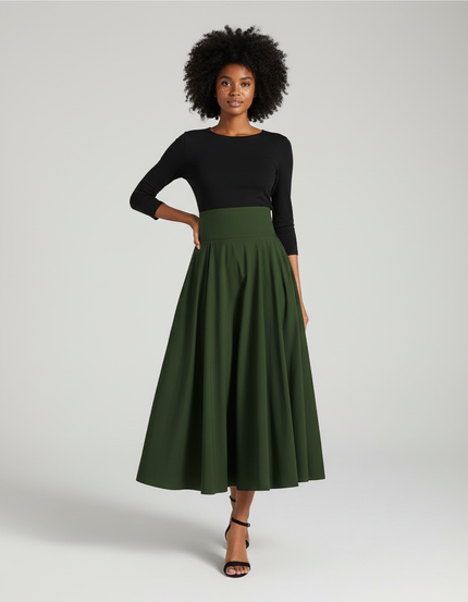 Jupe Longue Vert Kaki Évasée Élégante