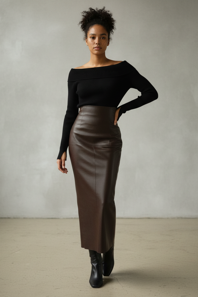 Jupe Longue Simili Cuir Fendue Élégante