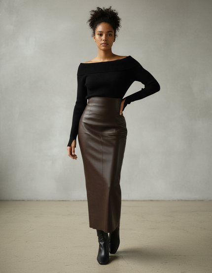 Jupe Longue Simili Cuir Fendue Élégante