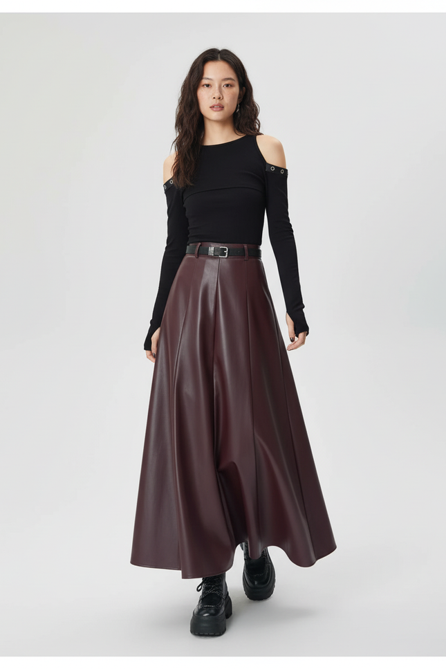 Jupe Longue Simili Cuir Plissée Élégante