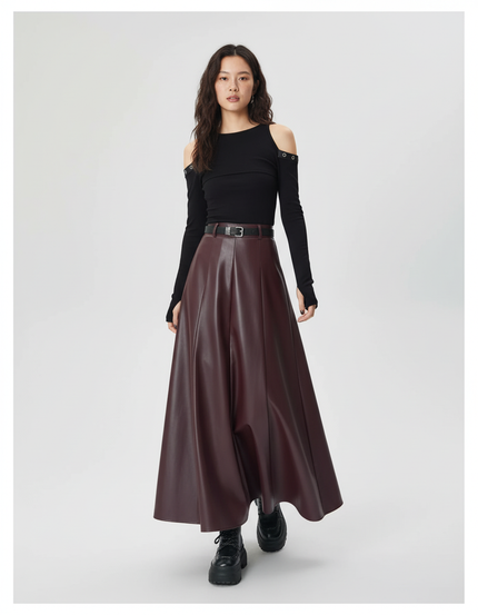 Jupe Longue Simili Cuir Plissée Élégante