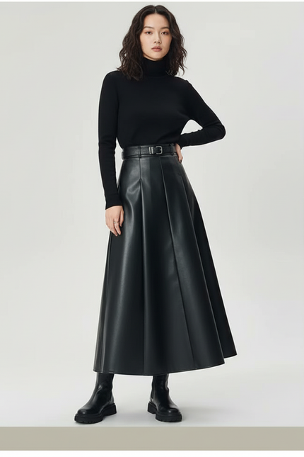 Jupe Longue Noir Similicuir Plissée