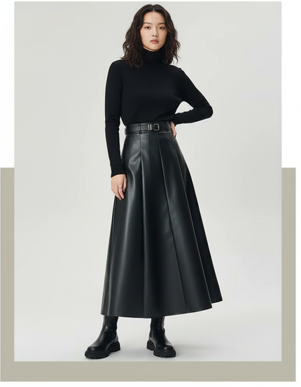 Jupe Longue Noir Similicuir Plissée