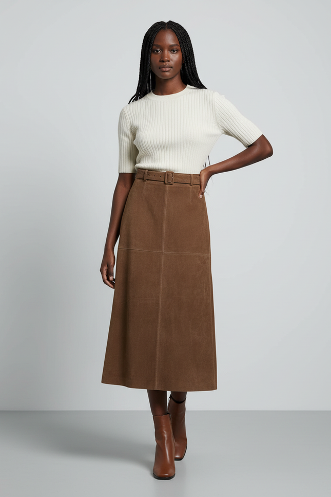 Jupe Longue Daim Marron Élégante