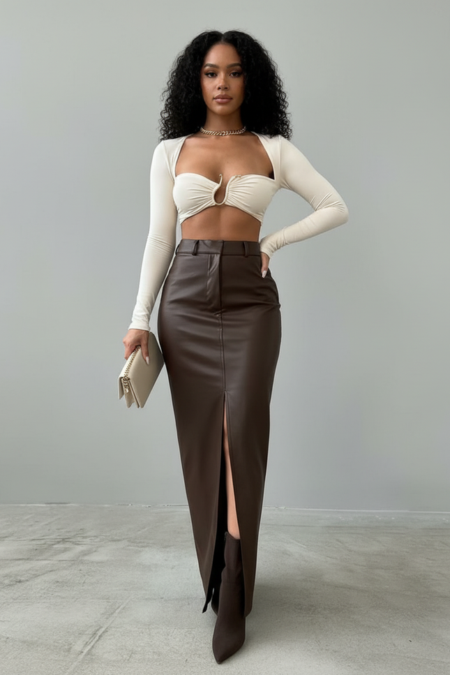 Jupe Longue Simili Cuir Fente Chic