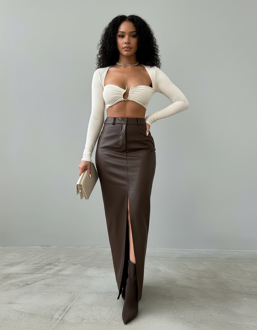 Jupe Longue Simili Cuir Fente Chic