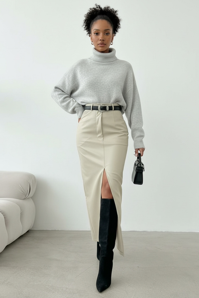 Jupe Longue Similicuir Fendue Taille Haute Chic