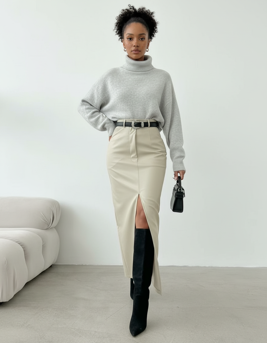 Jupe Longue Similicuir Fendue Taille Haute Chic