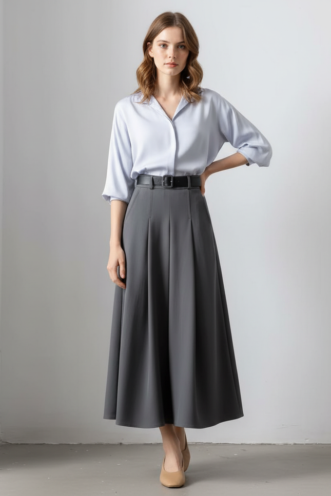 Jupe Longue Grise Plissée Élégante Mode