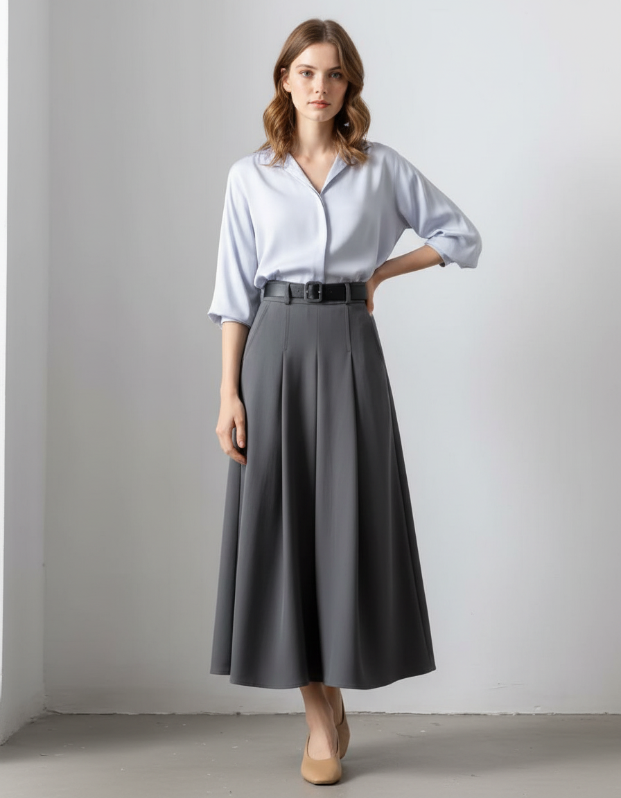 Jupe Longue Grise Plissée Élégante Mode