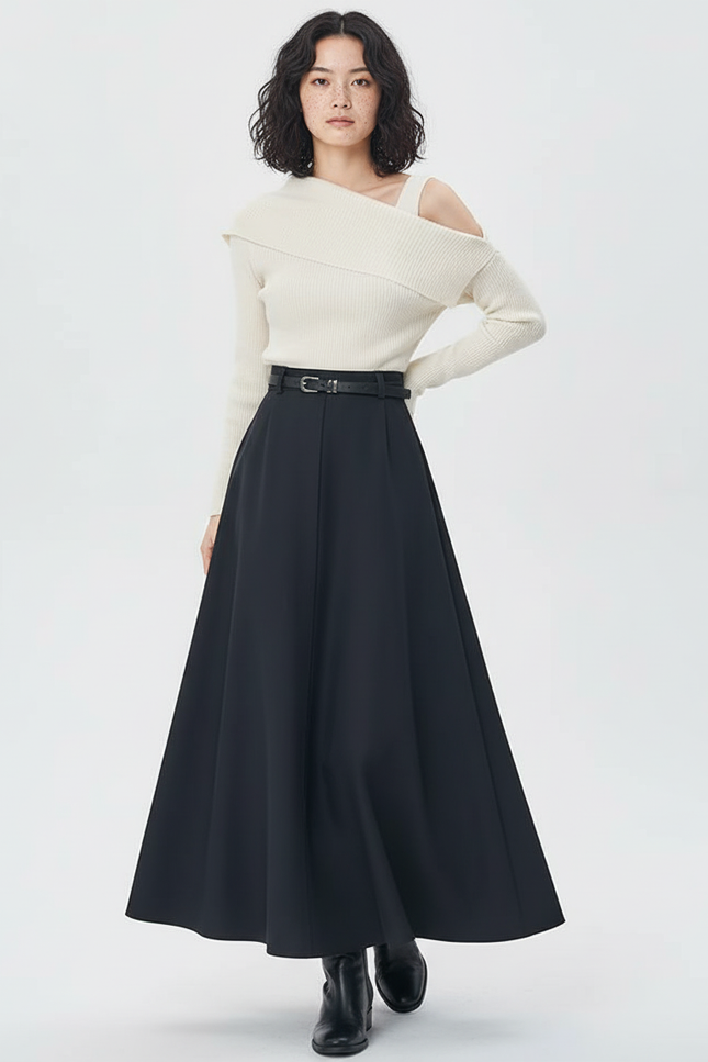 Jupe Longue Noire Évasée Élégante Chic