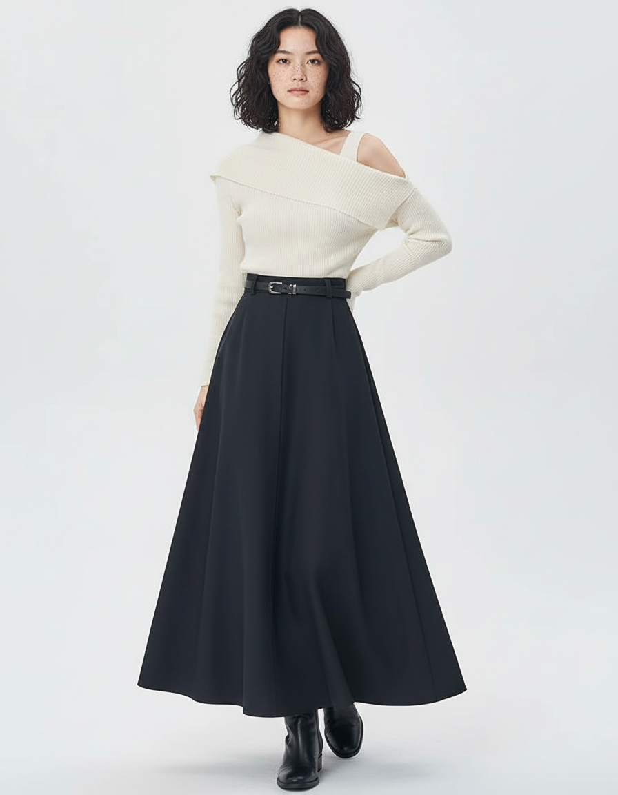 Jupe Longue Noire Évasée Élégante Chic