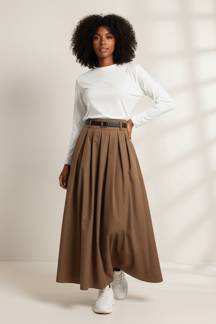 Jupe Longue Marron Plissée Fluide