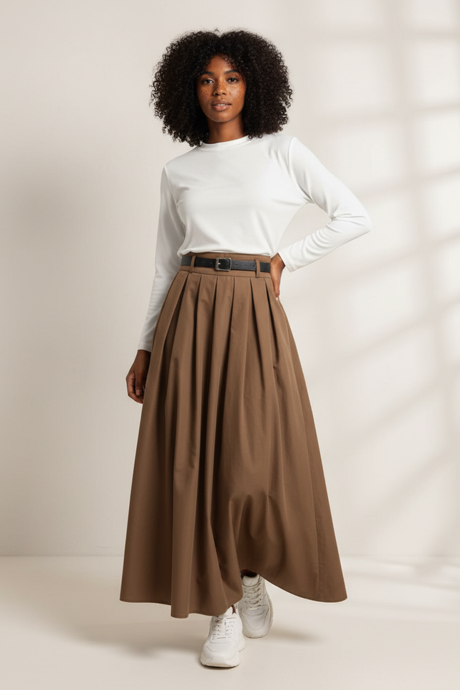 Jupe Longue Marron Plissée Fluide