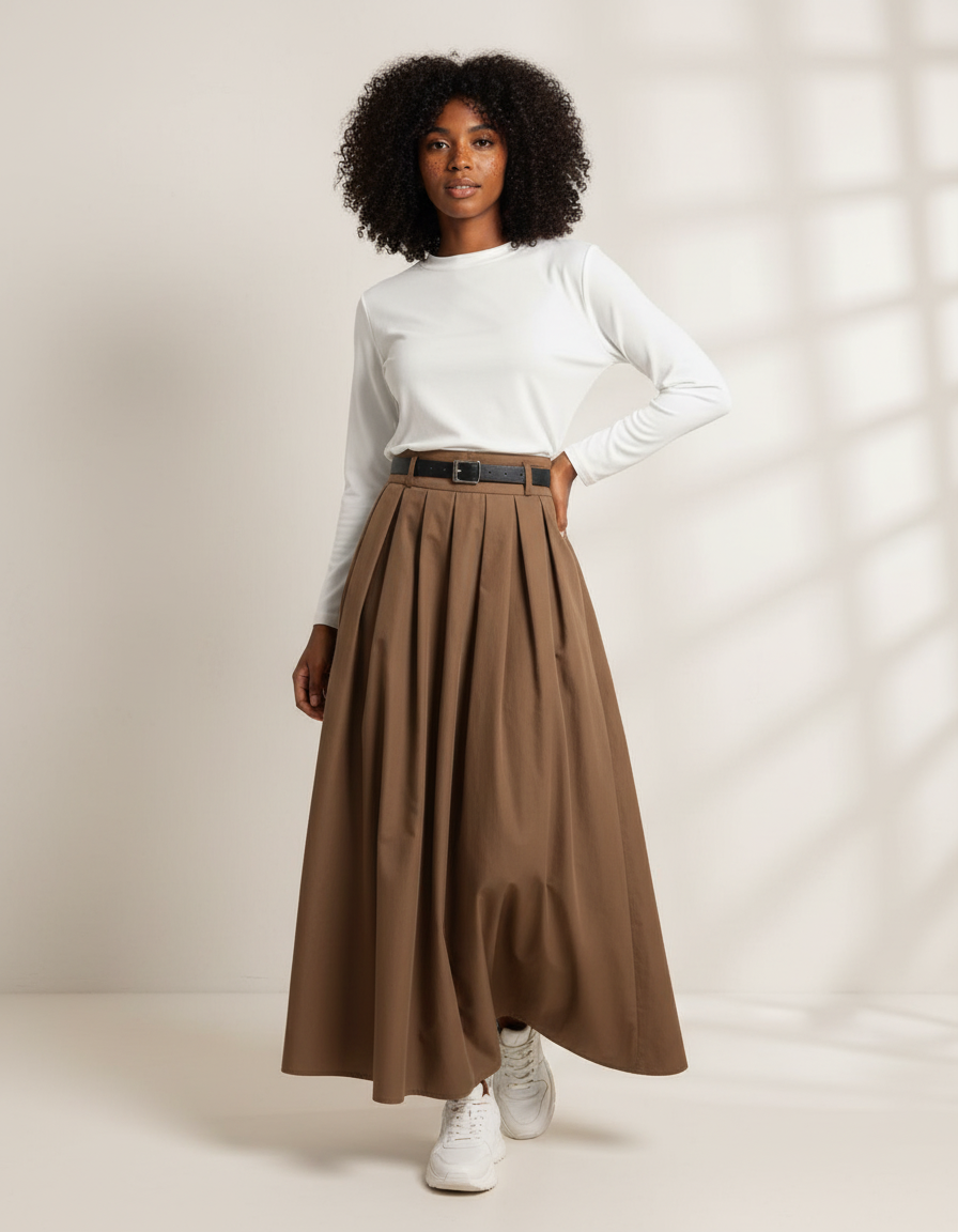 Jupe Longue Marron Plissée Fluide