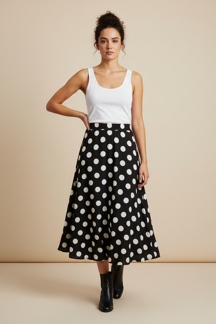 Jupe Longue Noire À Pois Blancs Fluide
