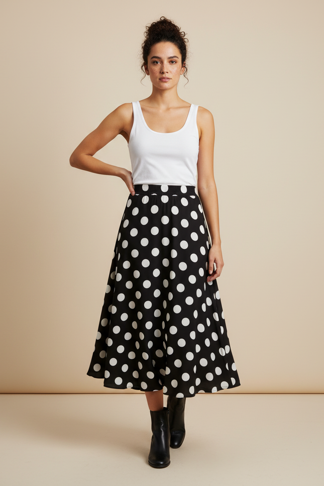 Jupe Longue Noire À Pois Blancs Fluide