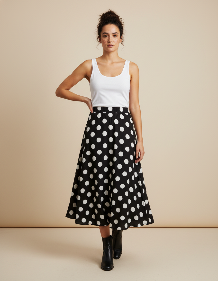 Jupe Longue Noire À Pois Blancs Fluide