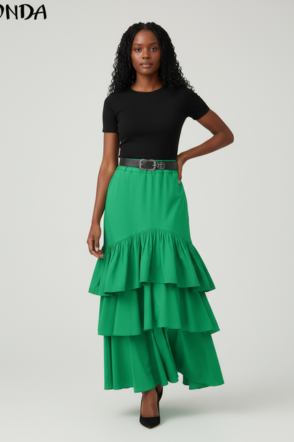Jupe Longue Élégante Verte À Volants