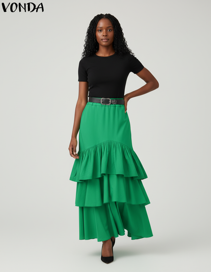 Jupe Longue Élégante Verte À Volants