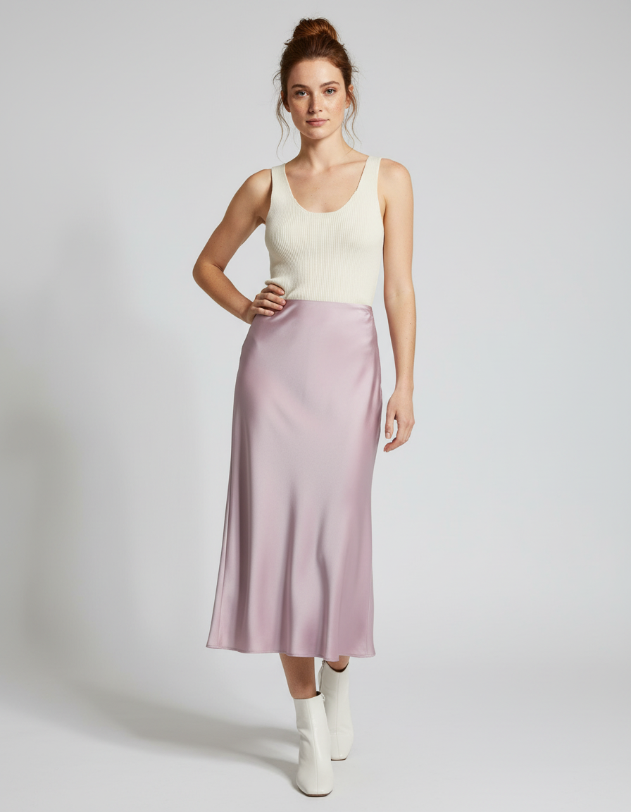 Jupe Longue Satinée Mauve Fluide