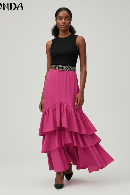 Jupe Longue Rose Fuchsia Élégante À Volants