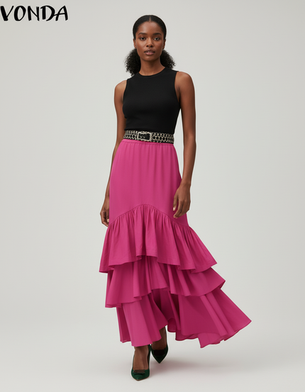 Jupe Longue Rose Fuchsia Élégante À Volants