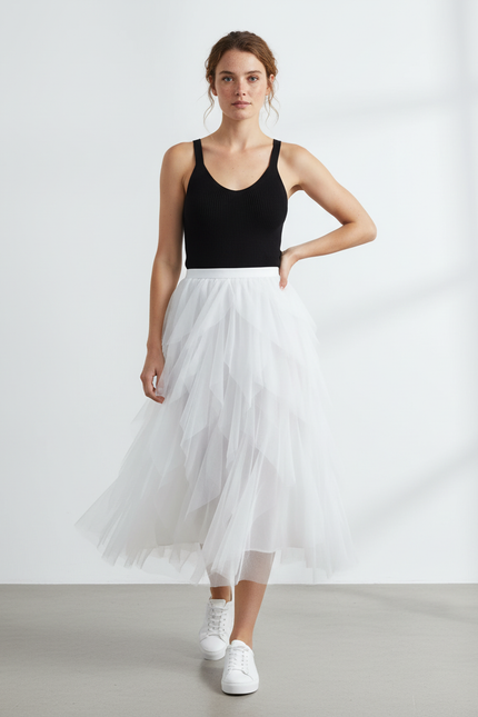 Jupe Longue Tulle Irrégulière Blanche Fluide