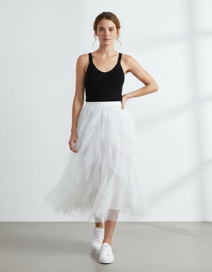 Jupe Longue Tulle Irrégulière Blanche Fluide