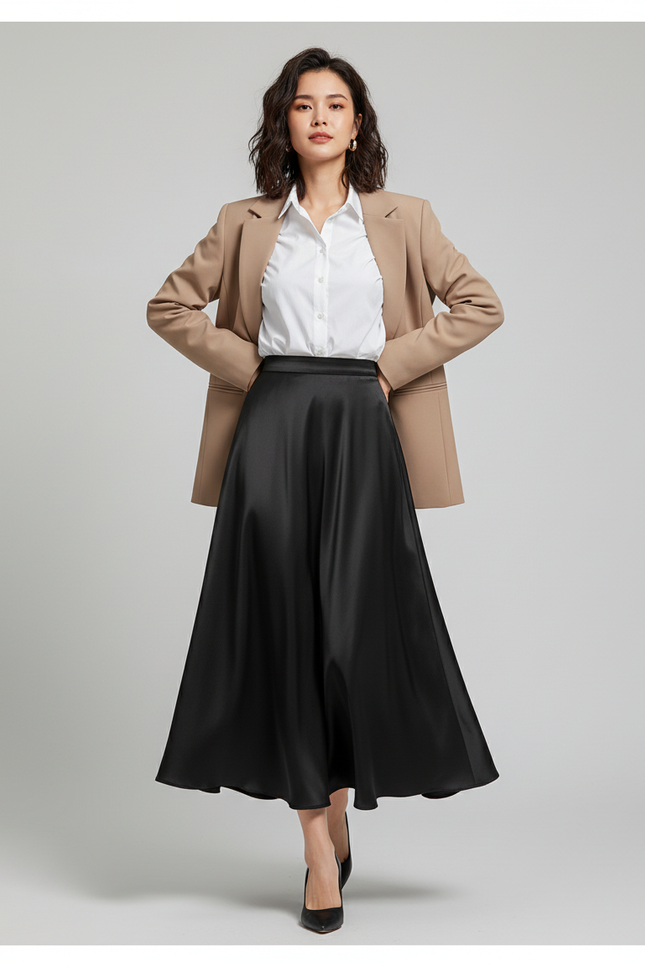 Jupe Longue Noire Satinée Élégante Tendance