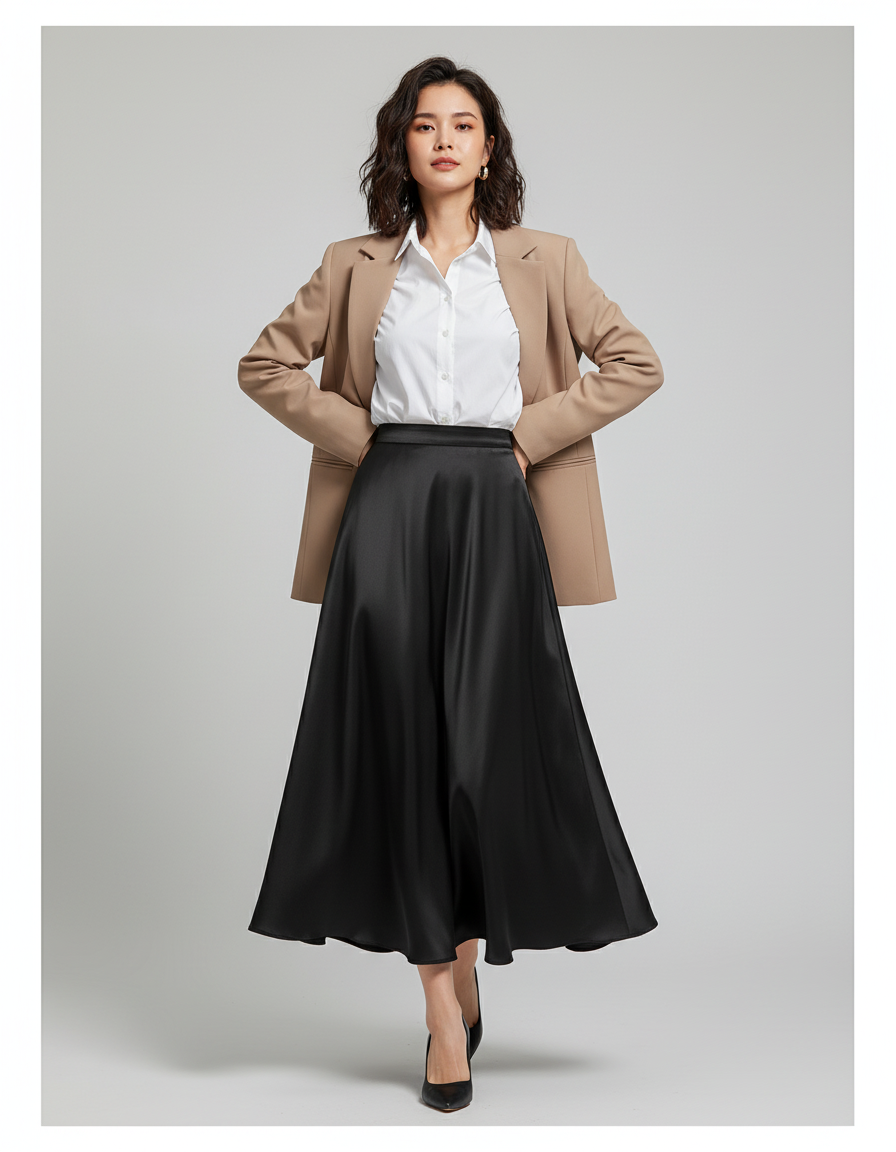 Jupe Longue Noire Satinée Élégante Tendance