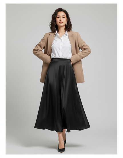 Jupe Longue Noire Satinée Élégante Tendance