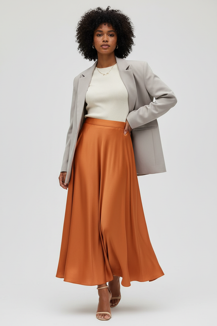 Jupe Longue Terracotta Satin Élégante