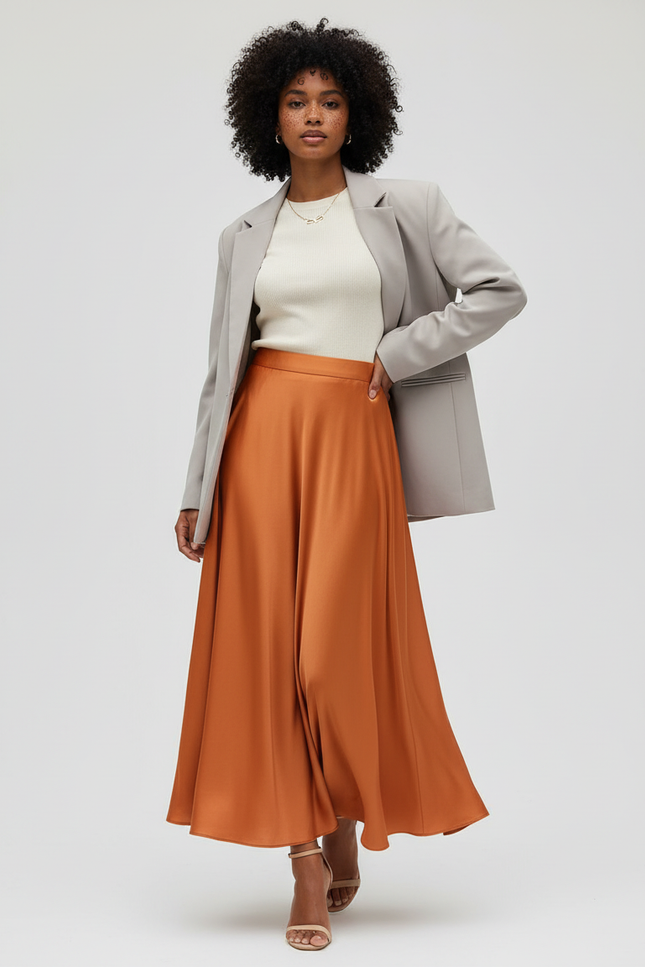 Jupe Longue Terracotta Satin Élégante
