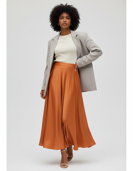 Jupe Longue Terracotta Satin Élégante
