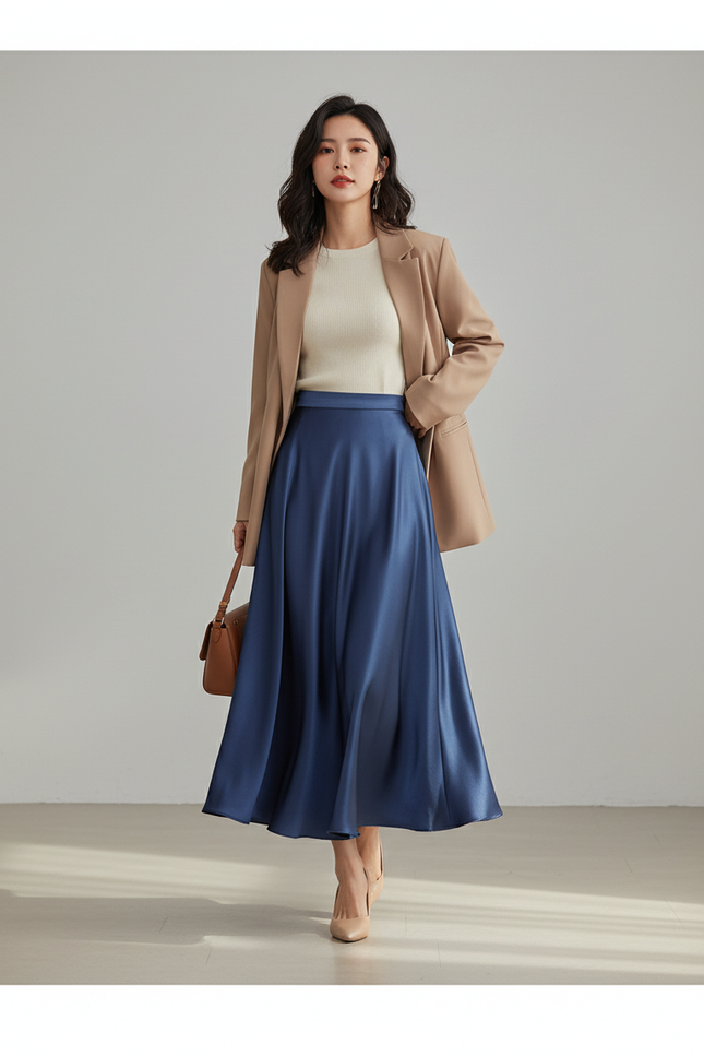 Jupe Longue Bleue Satinée Élégante