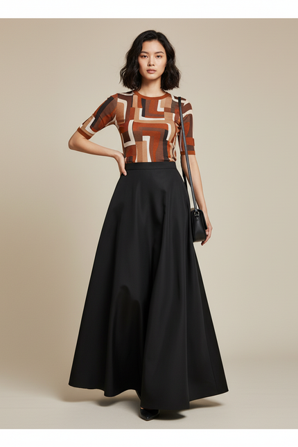 Jupe Longue Noire Satin Élégante