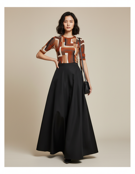 Jupe Longue Noire Satin Élégante