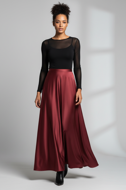 Jupe Longue Satin Bordeaux Élégante