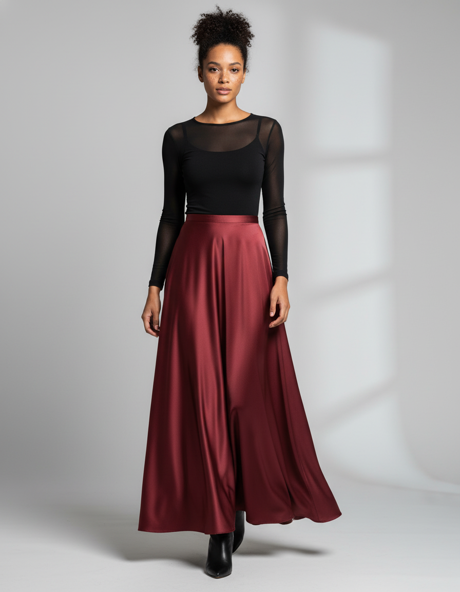 Jupe Longue Satin Bordeaux Élégante