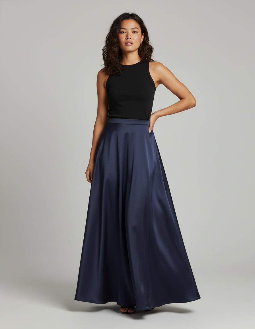 Jupe Longue Bleue Satinée Élégante Femme