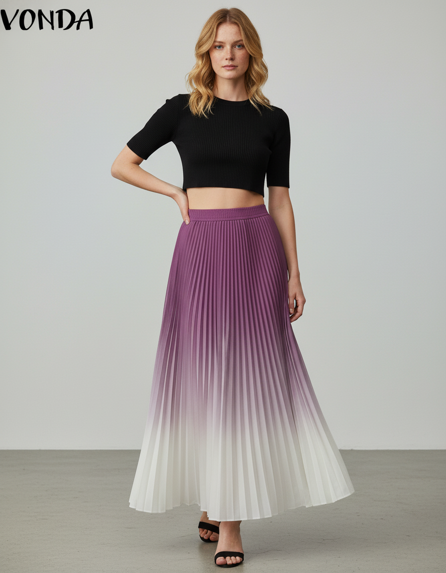 Jupe Longue Plissée Dégradée Élégante