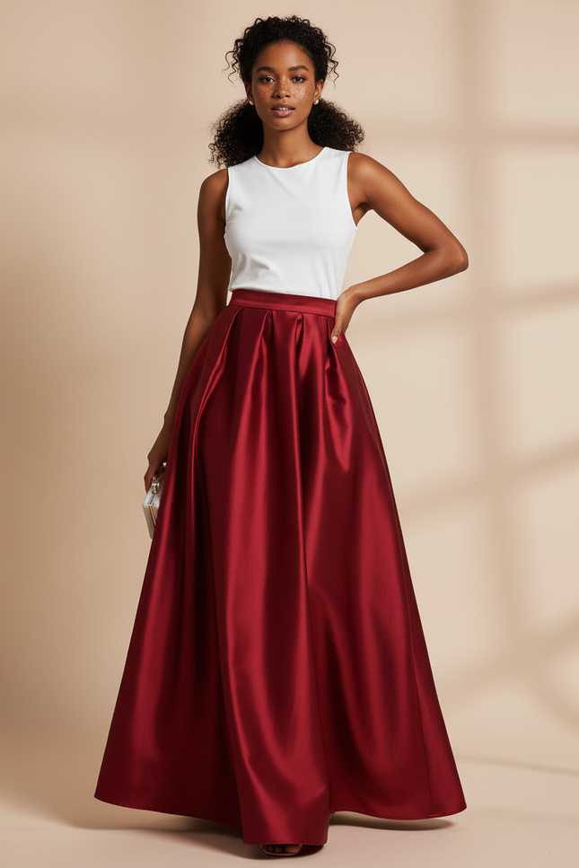 Jupe Longue Satin Bordeaux Élégante Chic