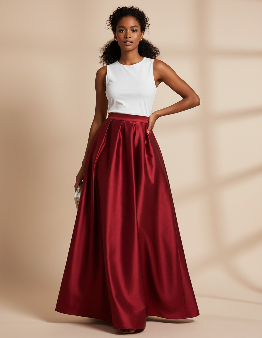 Jupe Longue Satin Bordeaux Élégante Chic