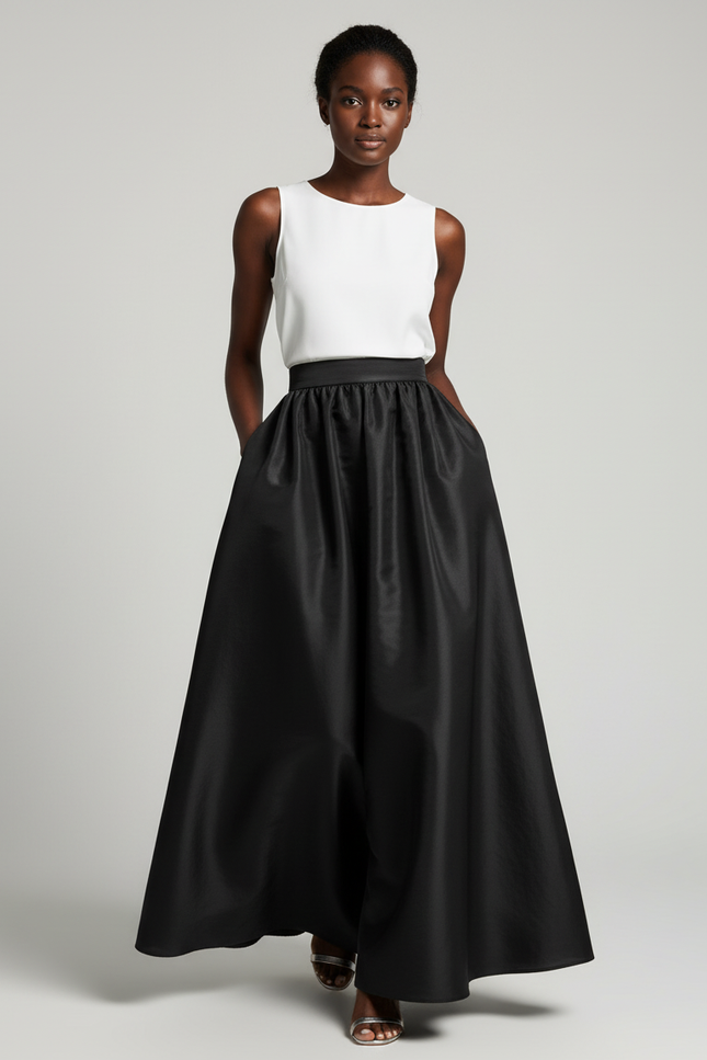 Jupe Longue Noire Satinée Élégante Femme