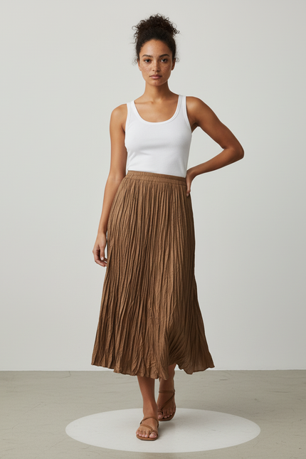 Jupe Longue Plissée Marron Fluide