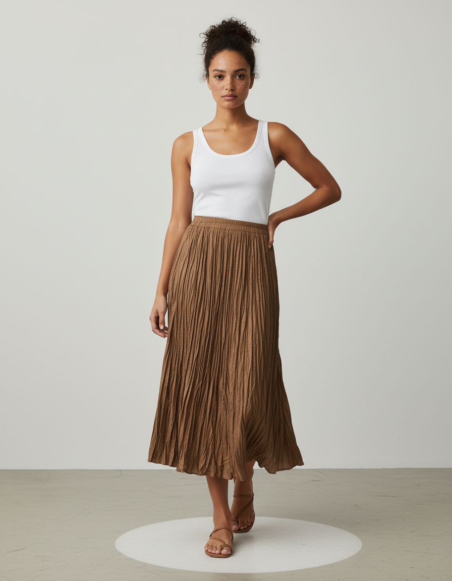 Jupe Longue Plissée Marron Fluide