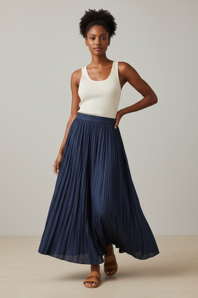Jupe Longue Bleu Marine Plissée Fluide